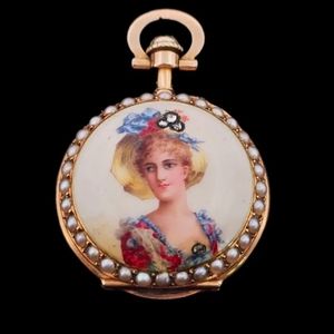 Antique 18k Gold Diamond Pearl Enamel Pendant Pocket Watch- Estate